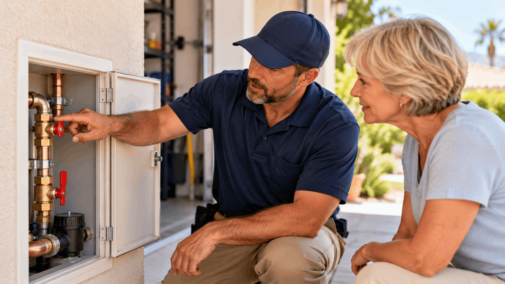 Plumber explaining Las Vegas home water shut-off valve system to female homeowner