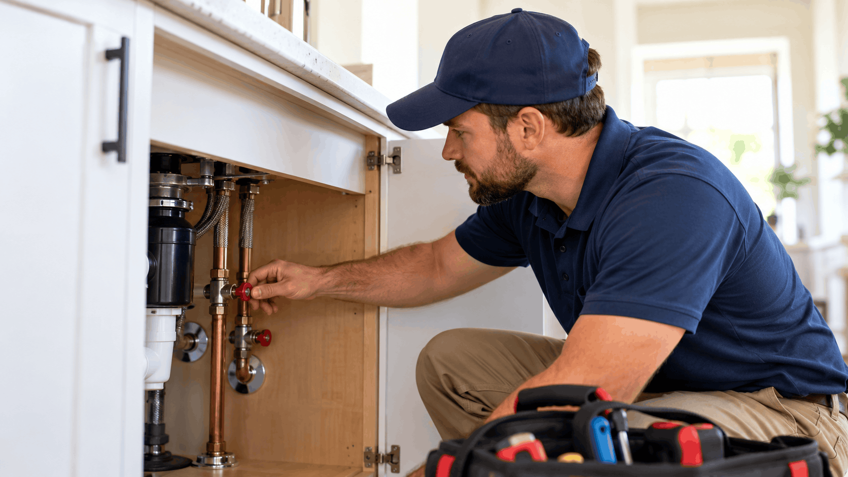 Active Plumbing technician inspecting copper pipe fittings under kitchen sink cabinet Las Vegas
