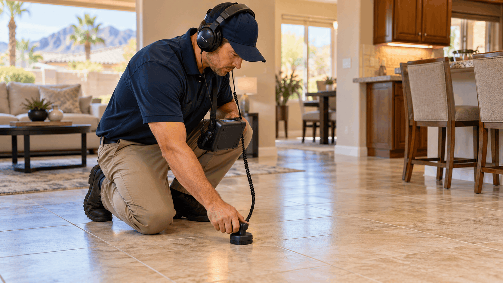 Plumber using acoustic listening device to detect slab leak on tile floor