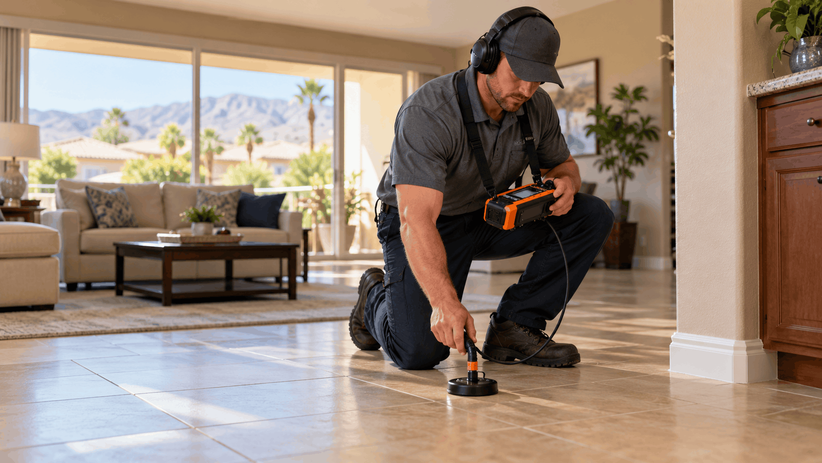 Plumber using acoustic leak detection equipment to find slab leak on tile floor