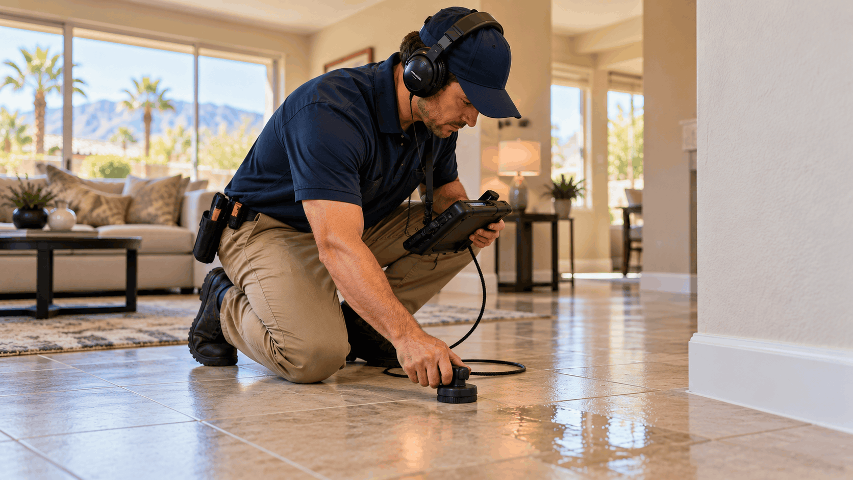 Plumber using acoustic leak detection equipment to locate slab leak on tile floor