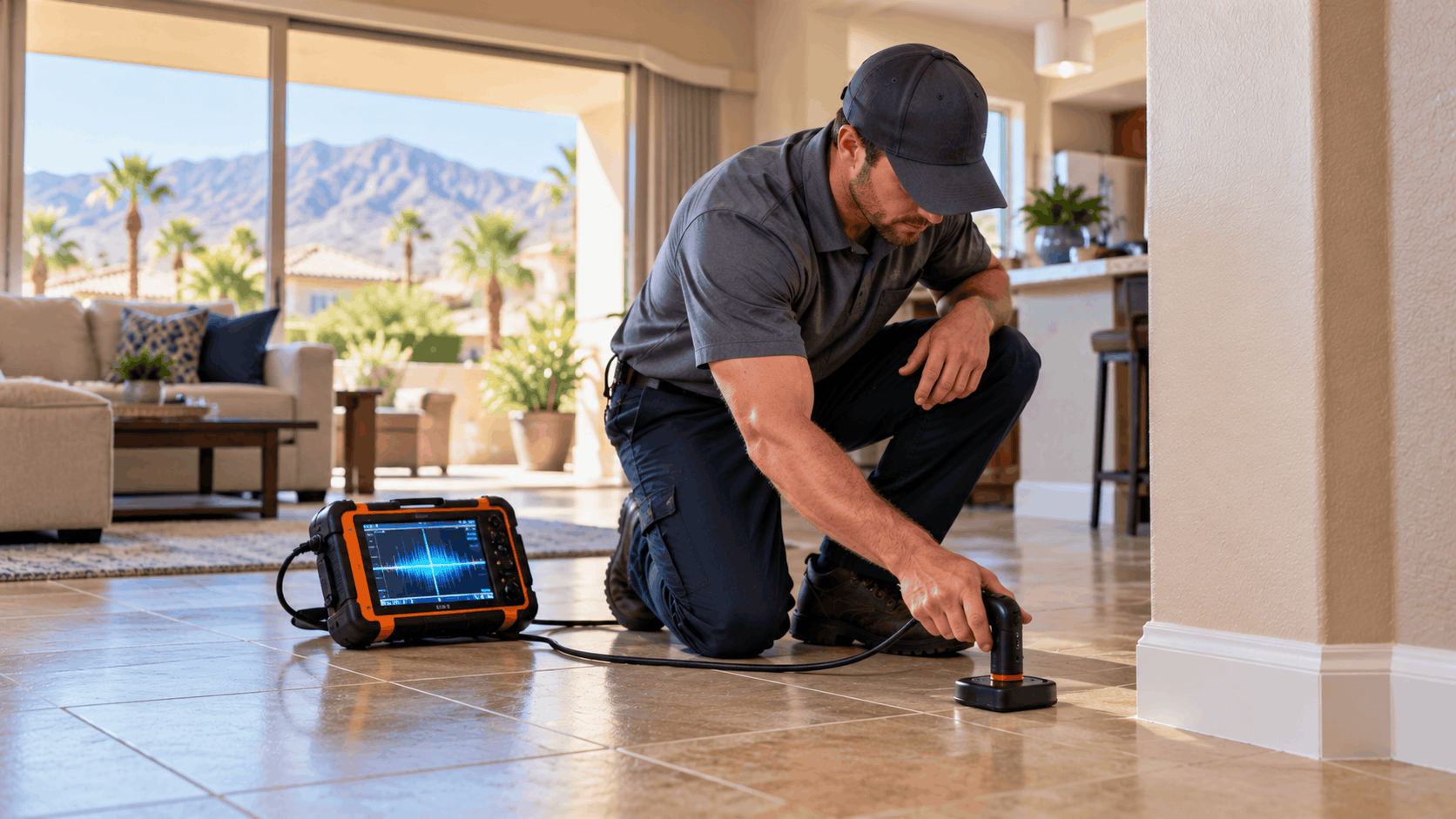 Plumber using acoustic leak detection equipment to diagnose slab leak on tile floor