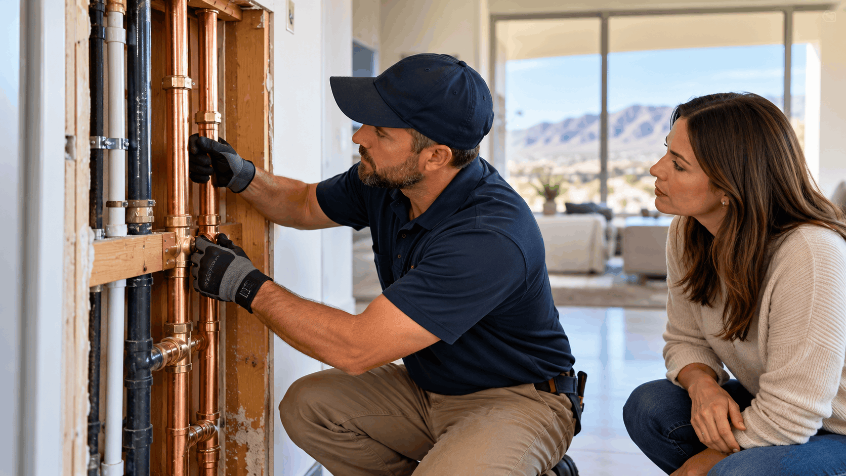 Plumber showing homeowner copper repiping inside opened wall in Las Vegas home