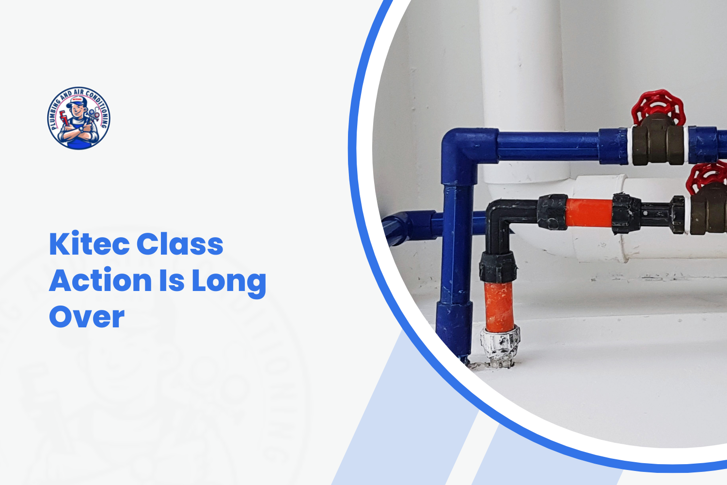 Blue and orange Kitec plumbing pipes with red ball valves mounted on white wall