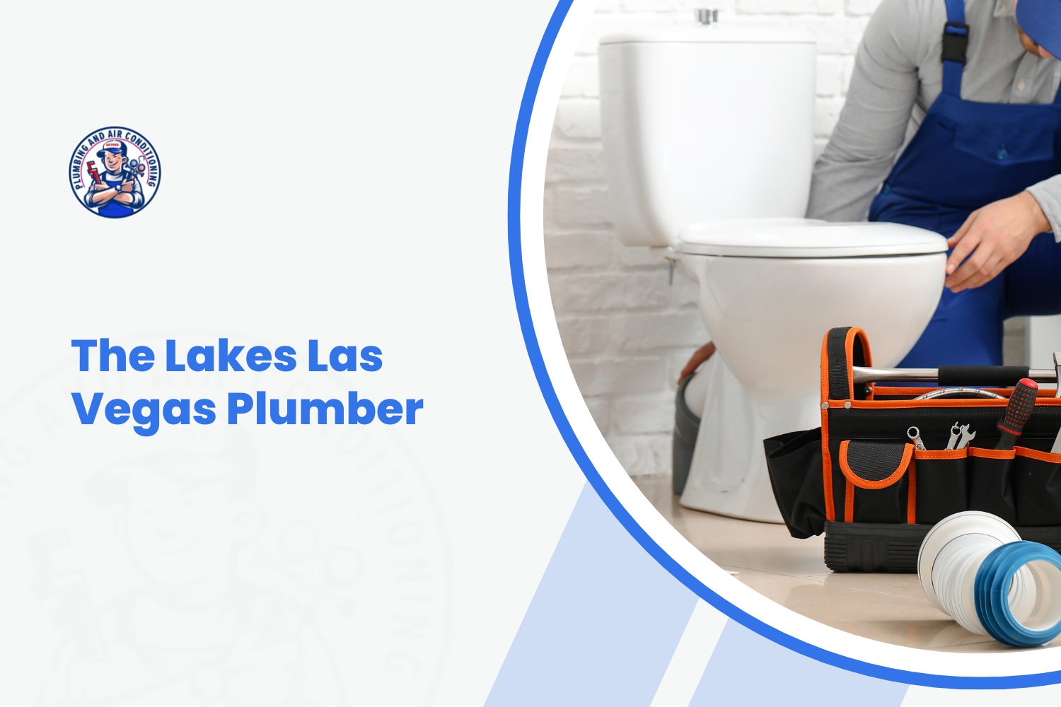 Plumber in blue overalls repairing toilet with tools in The Lakes Las Vegas