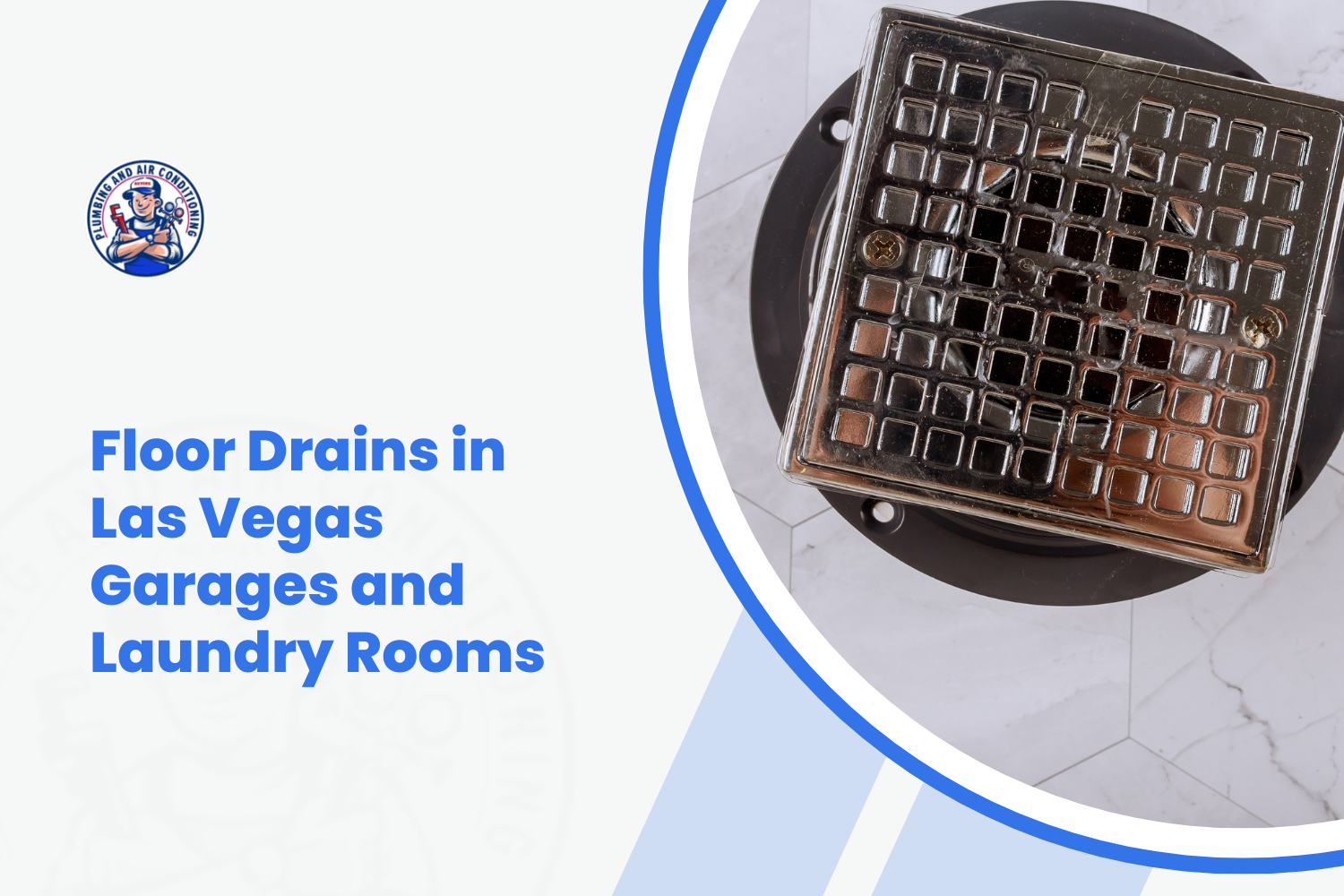 Chrome square floor drain cover on circular drain base in Las Vegas garage