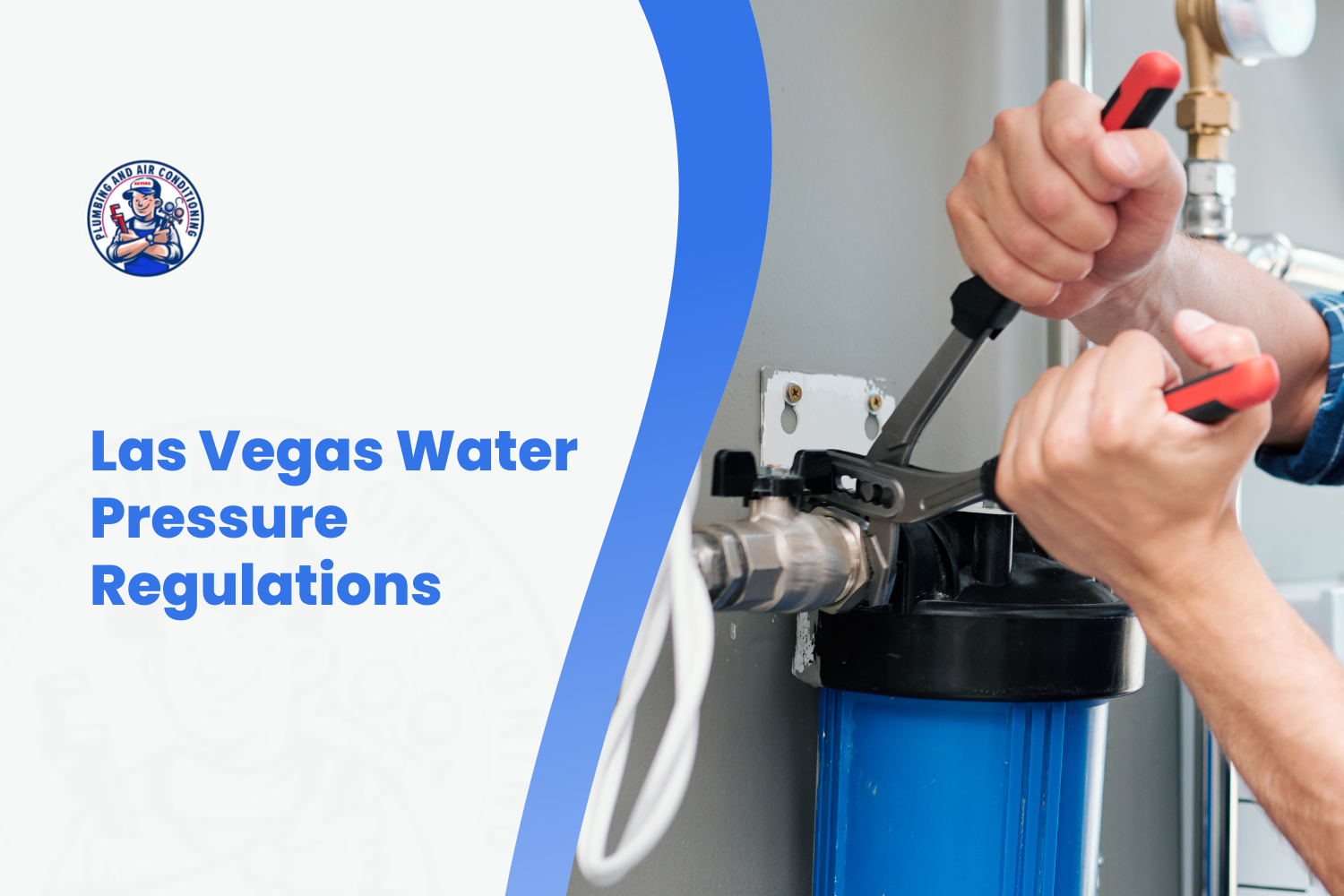Plumber installing a pressure reducing valve on a blue whole-house water filter system