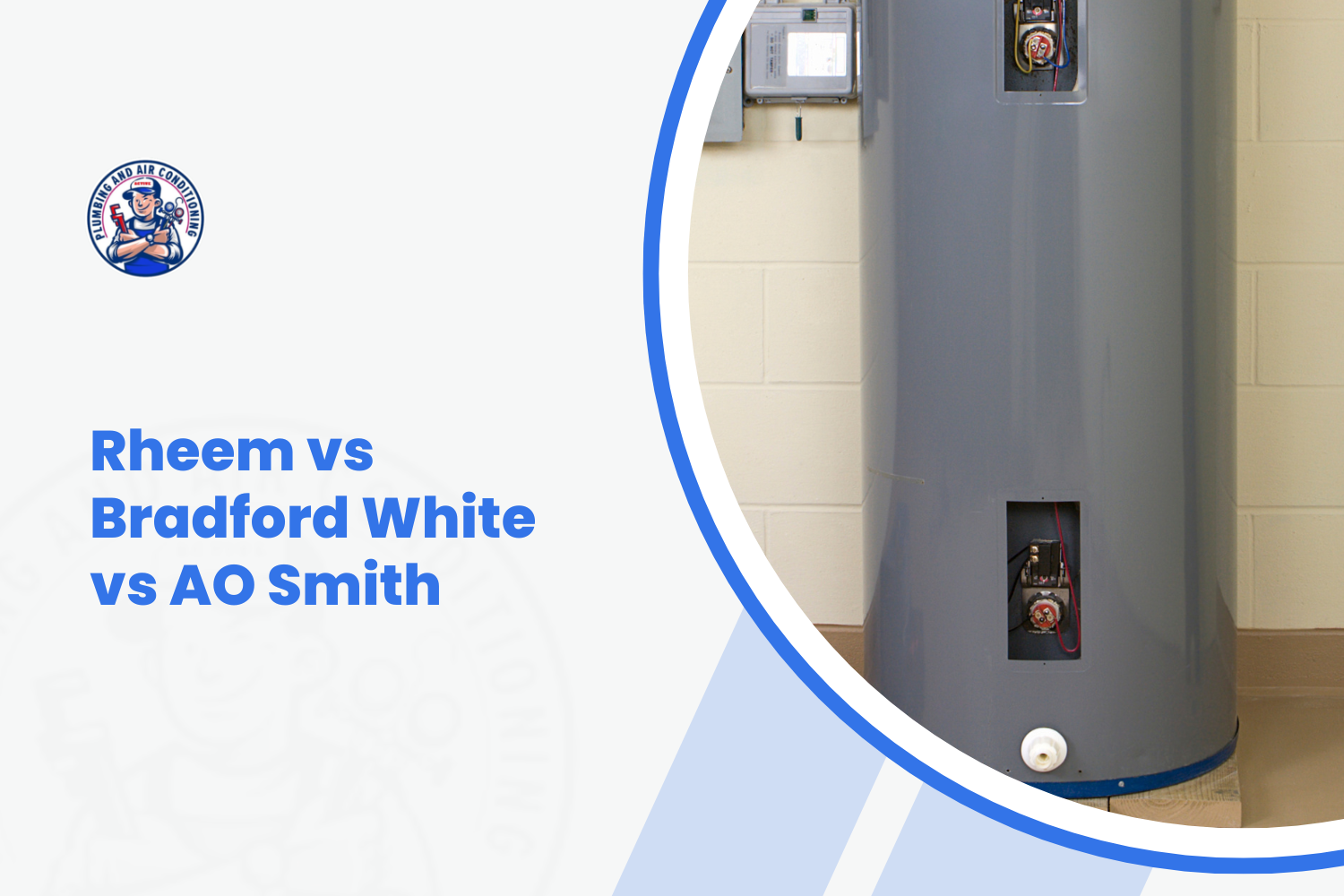 Rheem Bradford White AO Smith water heater comparison showing gray electric tank unit