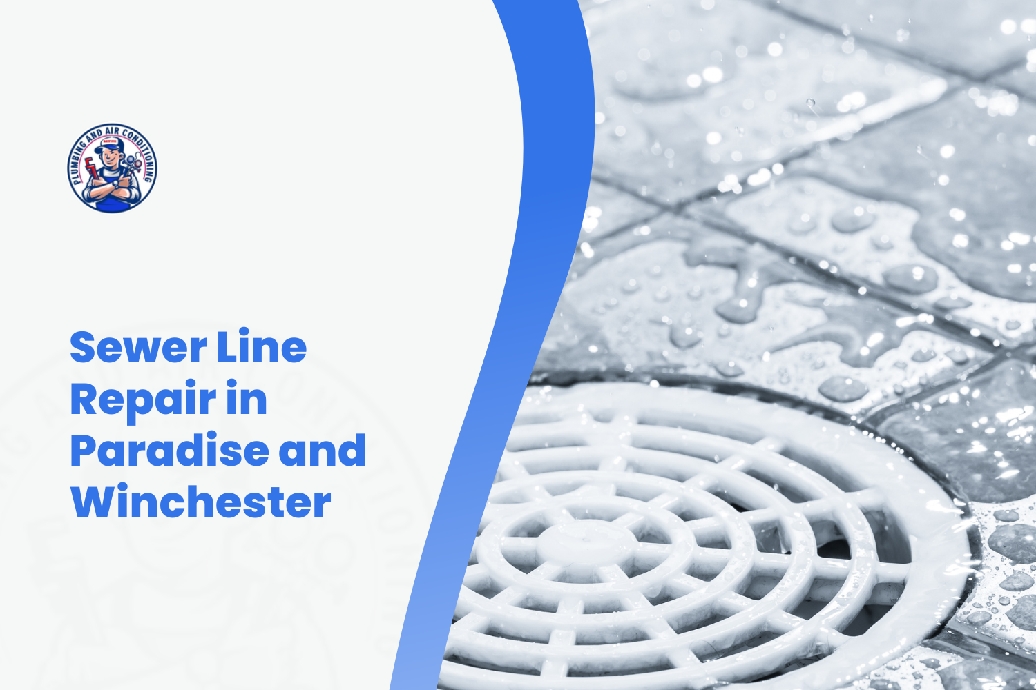 Sewer line repair service logo and shower drain with water droplets in Paradise Winchester