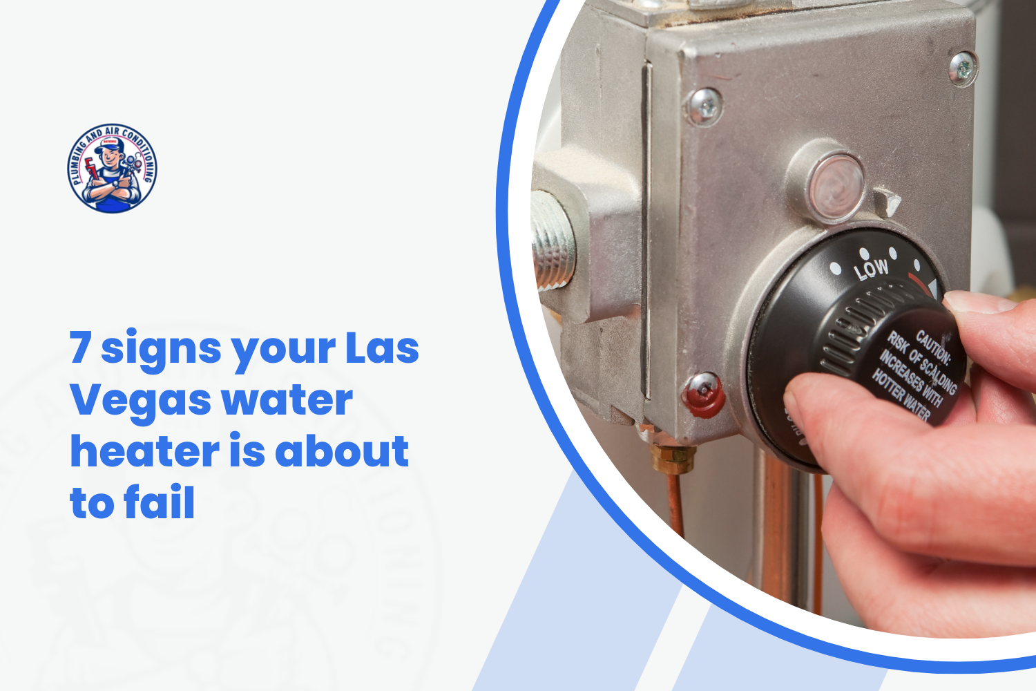 Hand adjusting water heater thermostat dial with scalding caution warning label
