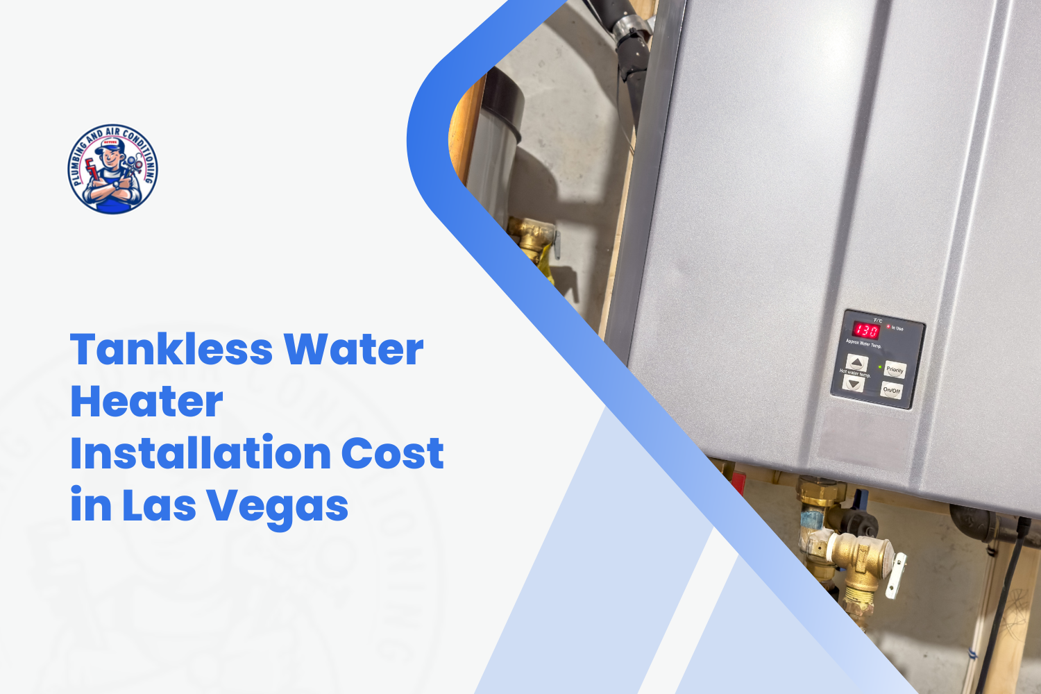 Tankless water heater unit with digital temperature display set to 130 degrees
