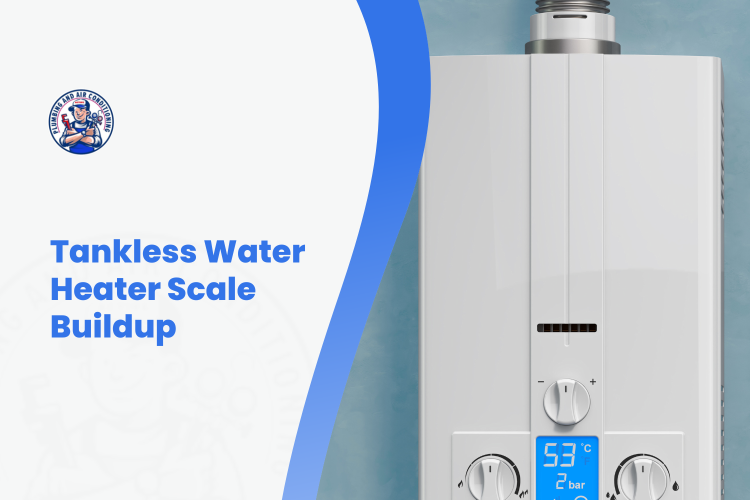 Tankless water heater unit displaying 53°C and 2 bar pressure settings