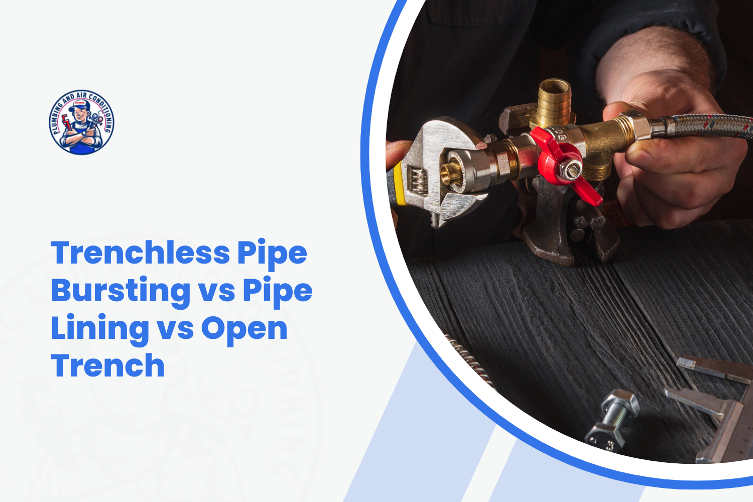 Plumber using wrench to connect brass pipe fittings and ball valve