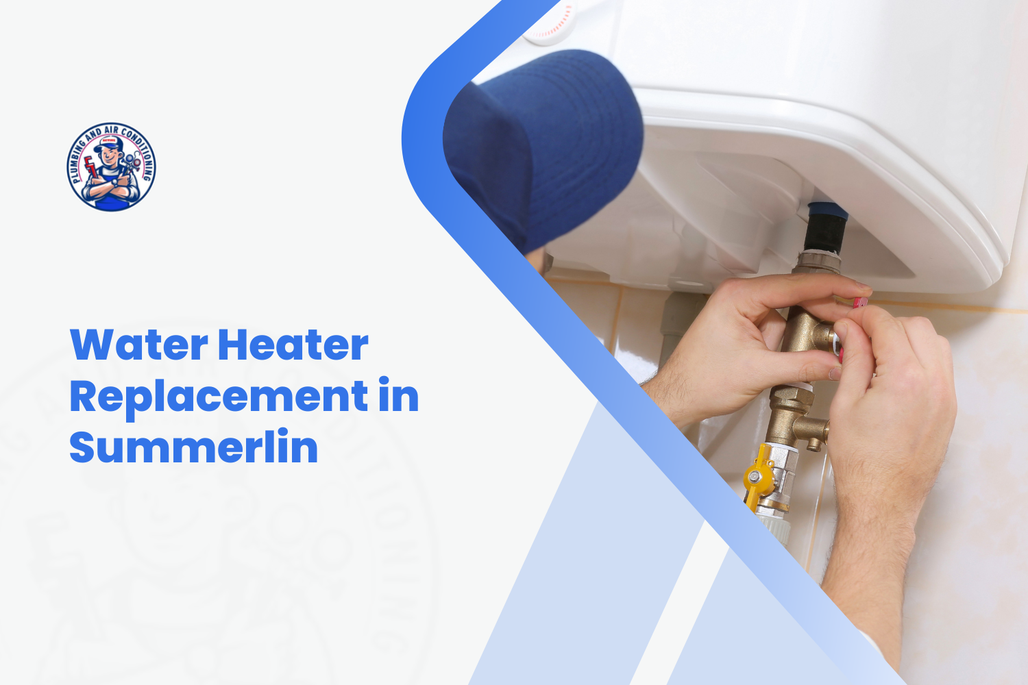 Plumber installing brass valve fittings on a white water heater in Summerlin
