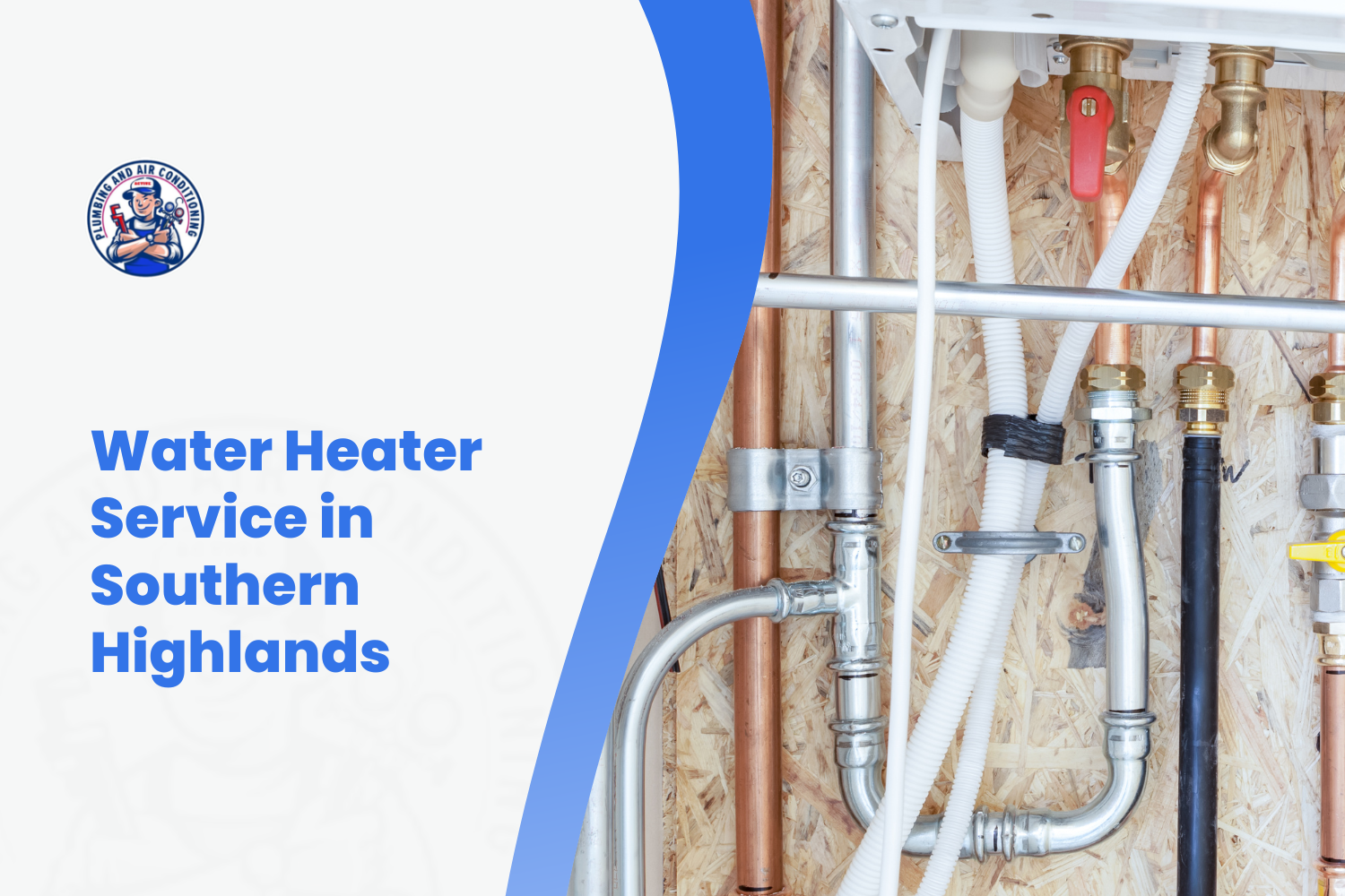 Water heater plumbing system with copper silver and black pipes on wood panel